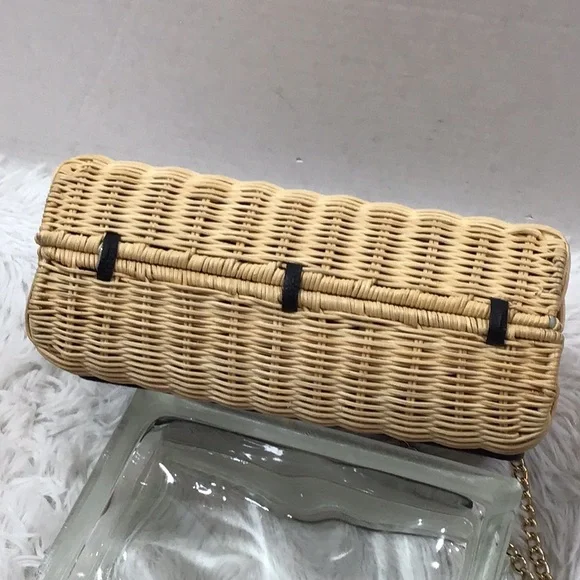 Ted Baker tan and black woven straw rattan crossbody Elava bag NWT